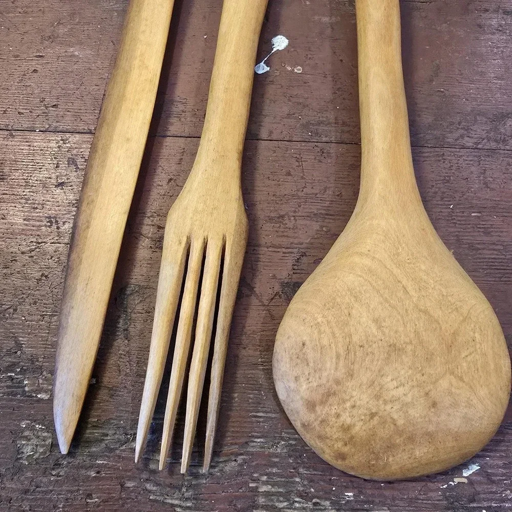 Vintage Hand Carved Wooden Utensil Set Tribal African Decor Art Spoon Fork